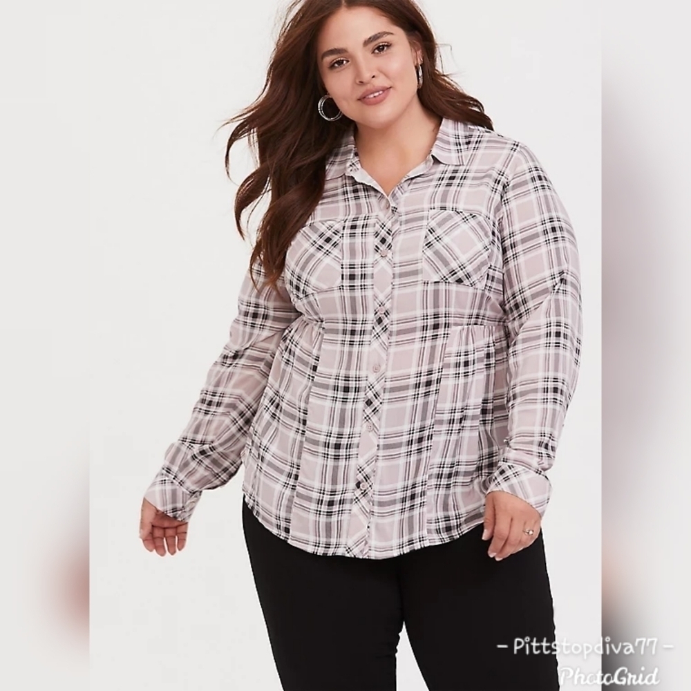 *PINK & GREY PLAID CHALLIS BUTTON FRONT SHIRT